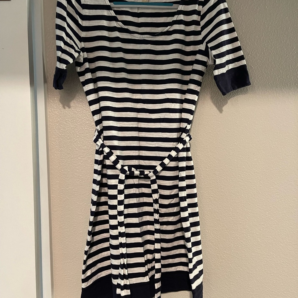 Banana Republic Cotton Navy and White striped dress with tie.